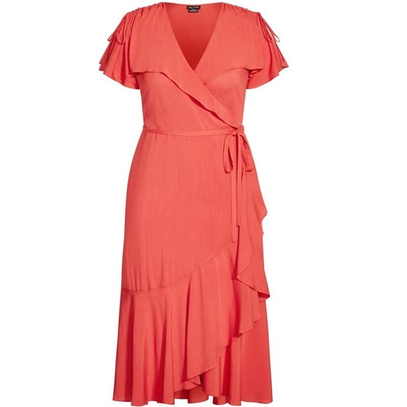 NWT City Chic Palm Love Wrap Split Sleeve Maxi Dress in Tangerine Orange Size 18 - Picture 2 of 7